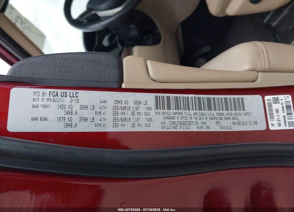 2016 JEEP GRAND CHEROKEE VIN: 1C4RJFBG8GC327174