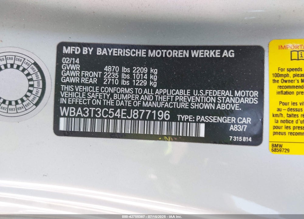 2014 BMW 4 SERIES VIN: WBA3T3C54EJ877196