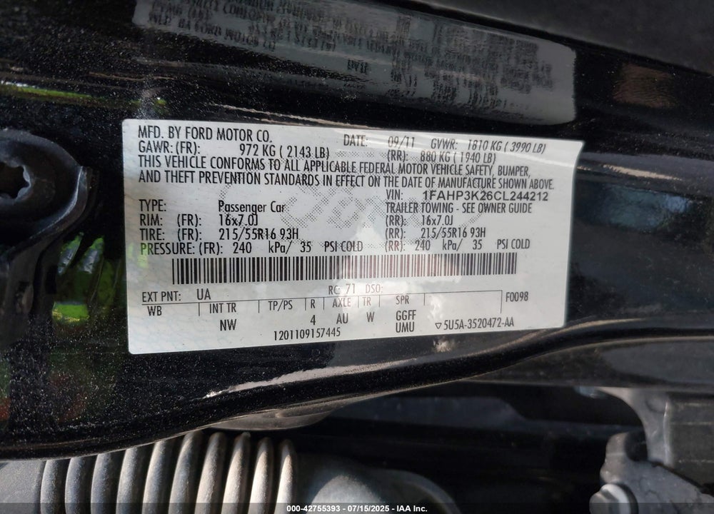 2012 FORD FOCUS VIN: 1FAHP3K26CL244212