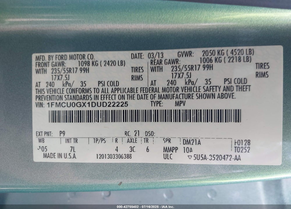 2013 FORD ESCAPE VIN: 1FMCU0GX1DUD22225
