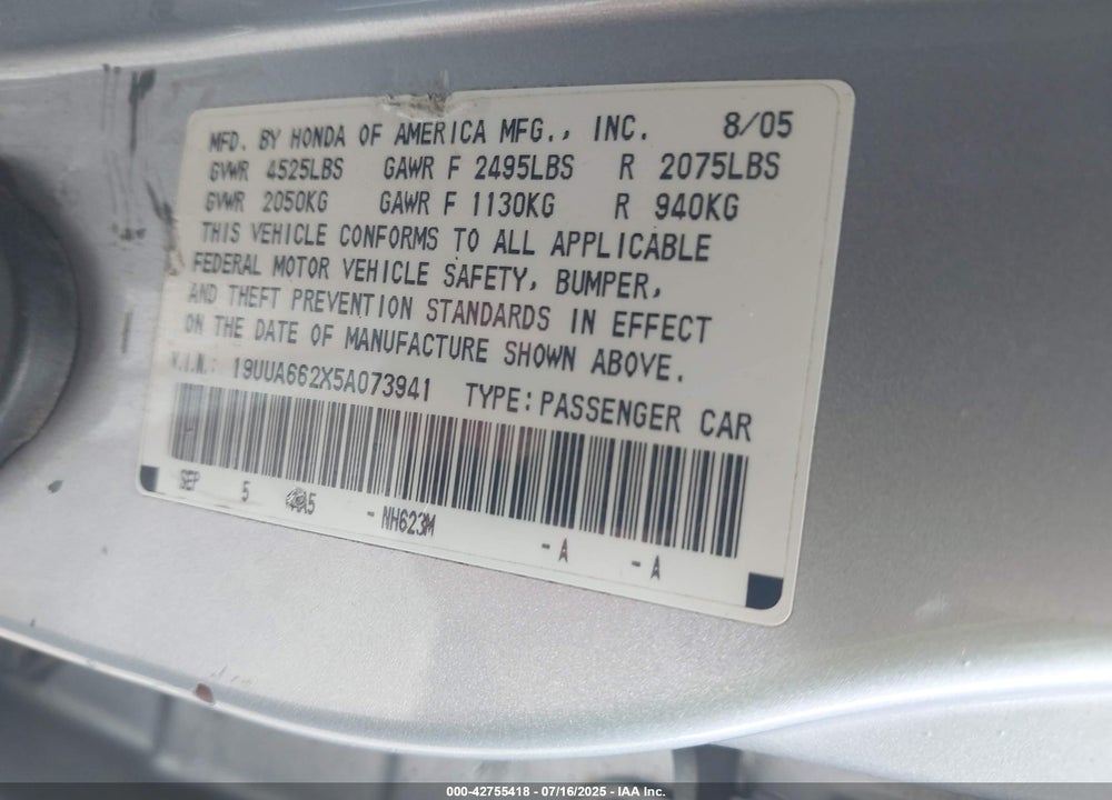2005 ACURA TL VIN: 19UUA662X5A073941