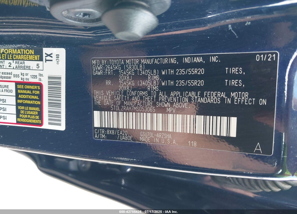 2021 TOYOTA HIGHLANDER VIN: 5TDLZRAH7MS053065