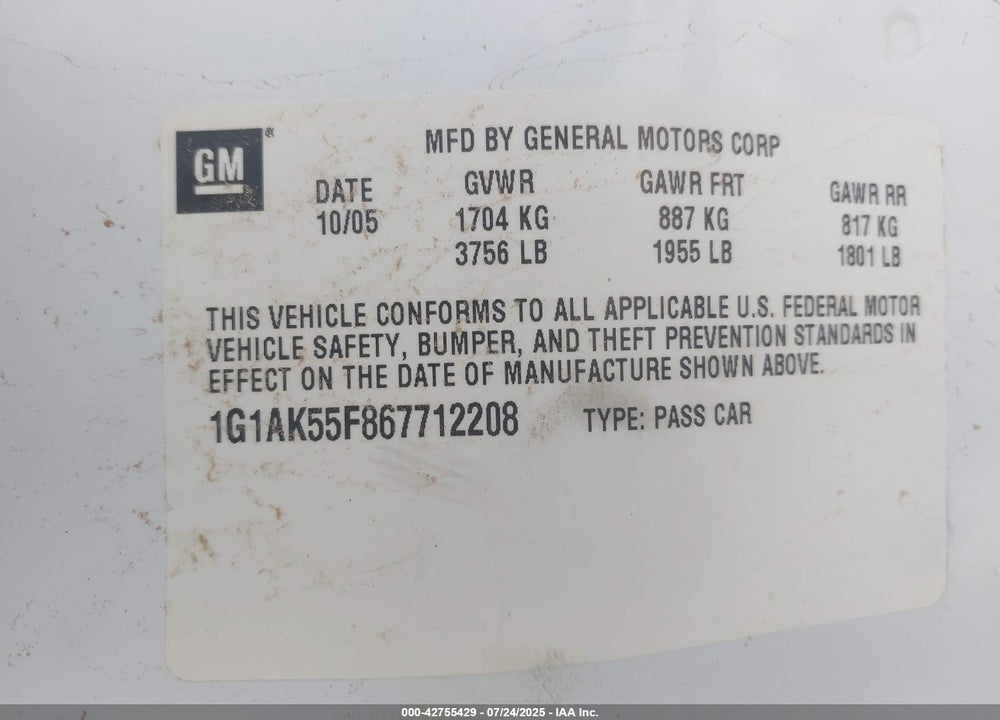 2006 CHEVROLET COBALT VIN: 1G1AK55F867712208