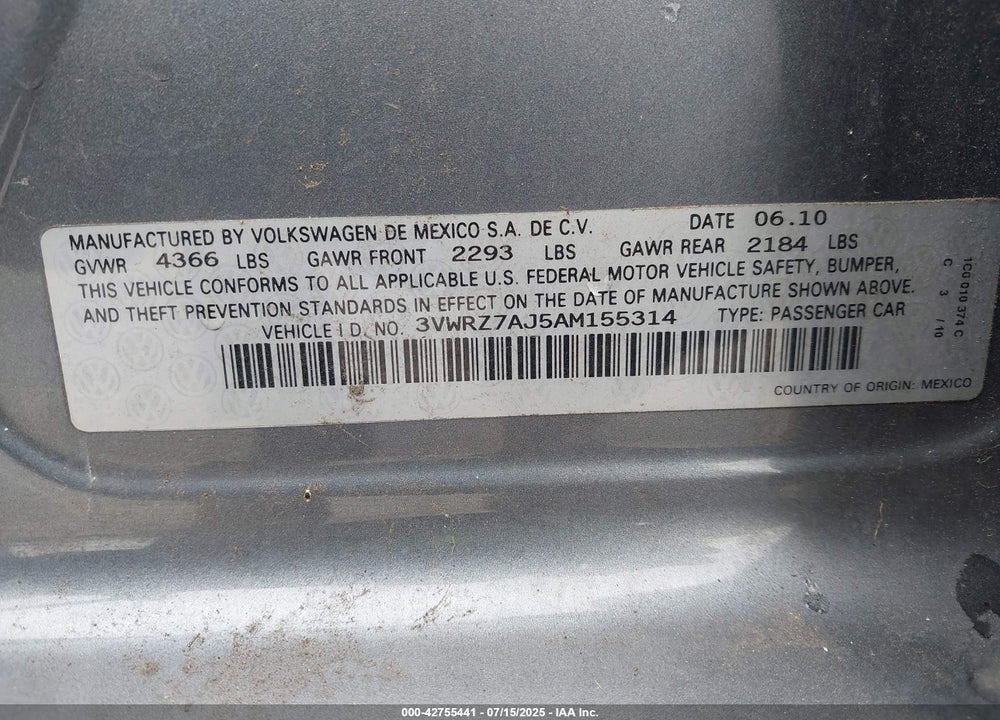 2010 VOLKSWAGEN JETTA VIN: 3VWRZ7AJ5AM155314