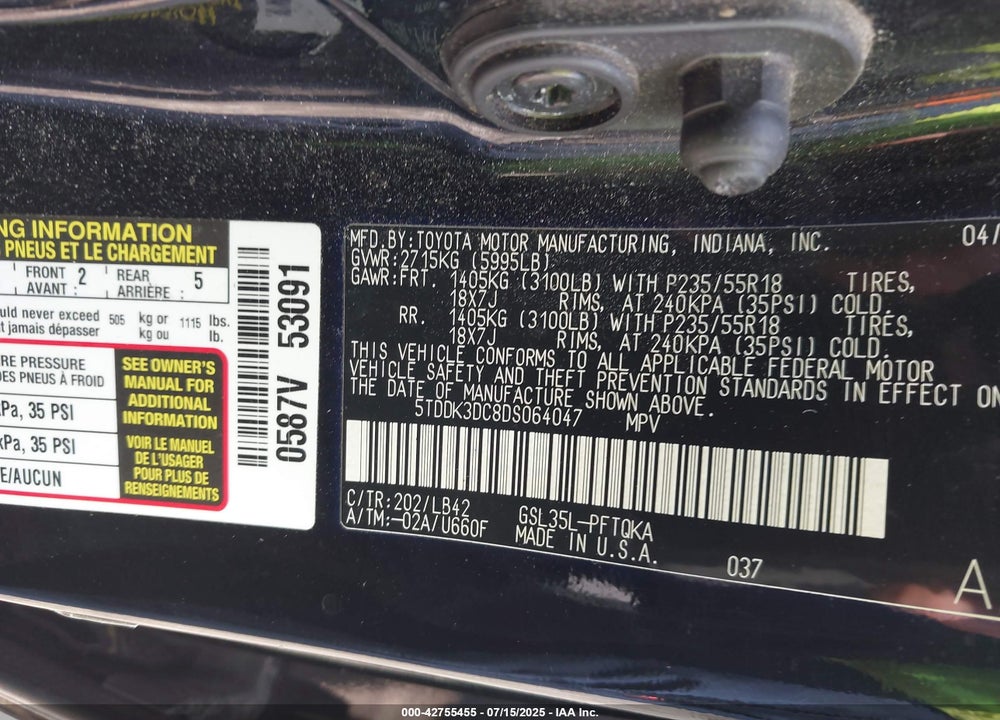 2013 TOYOTA SIENNA XLE 7 PASSENGER VIN: 5TDDK3DC8DS064047