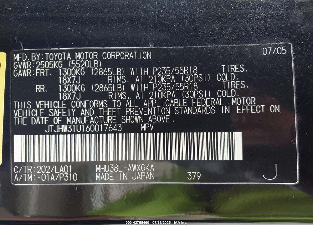2006 LEXUS RX VIN: JTJHW31U160017643