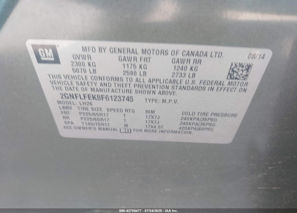 2015 CHEVROLET EQUINOX VIN: 2GNFLFEK8F6123745