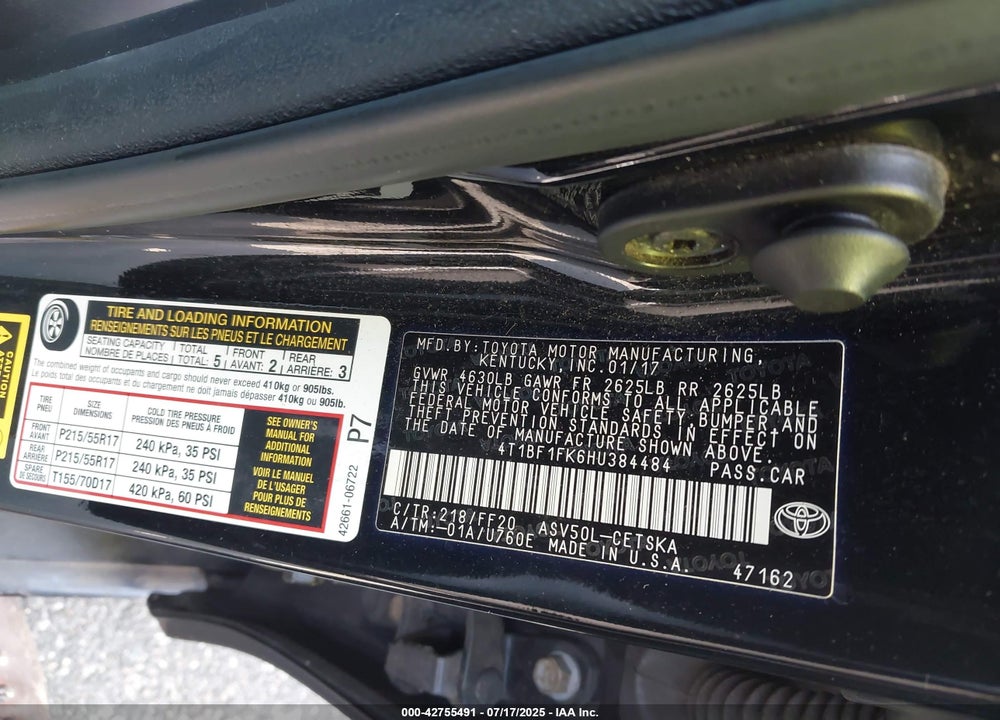 2017 TOYOTA CAMRY SE VIN: 4T1BF1FK6HU384484