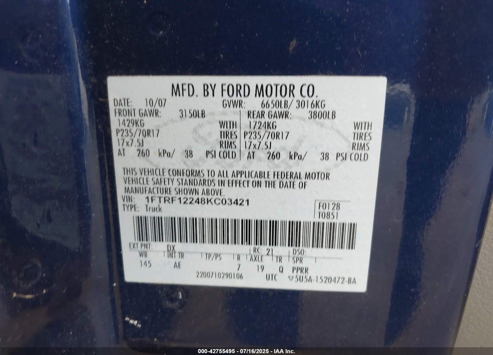2008 FORD F150 VIN: 1FTRF12248KC03421