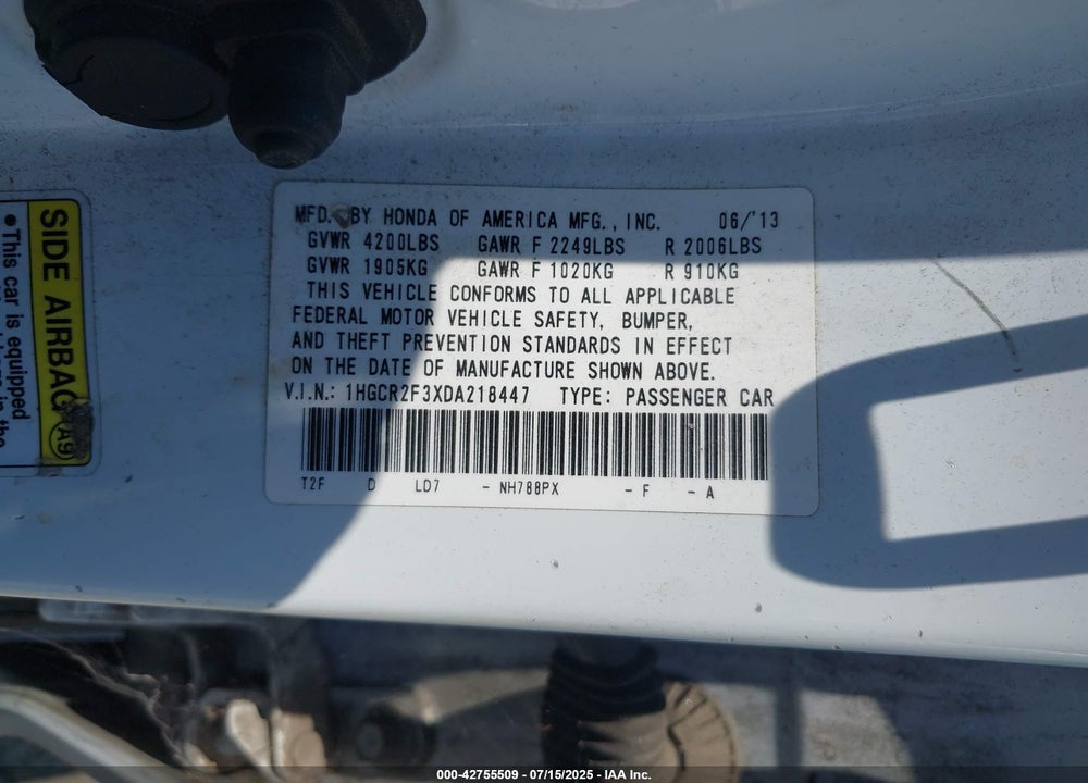 2013 HONDA ACCORD LX VIN: 1HGCR2F3XDA218447