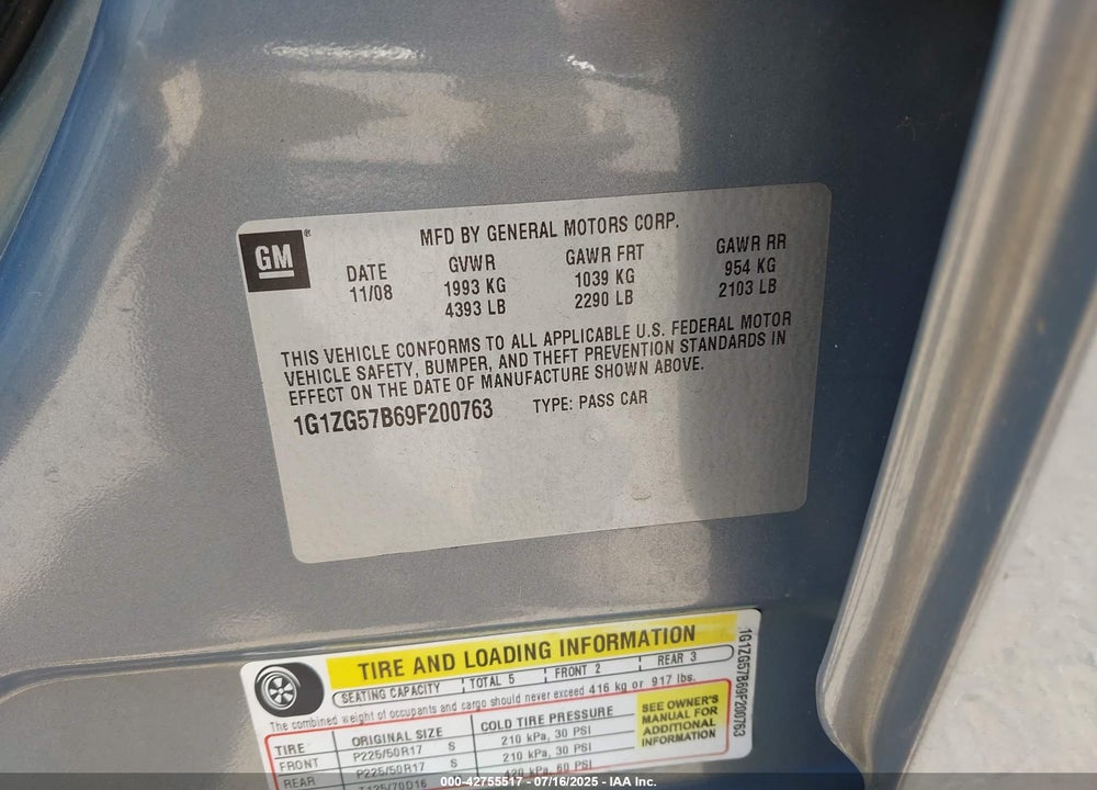 2009 CHEVROLET MALIBU VIN: 1G1ZG57B69F200763