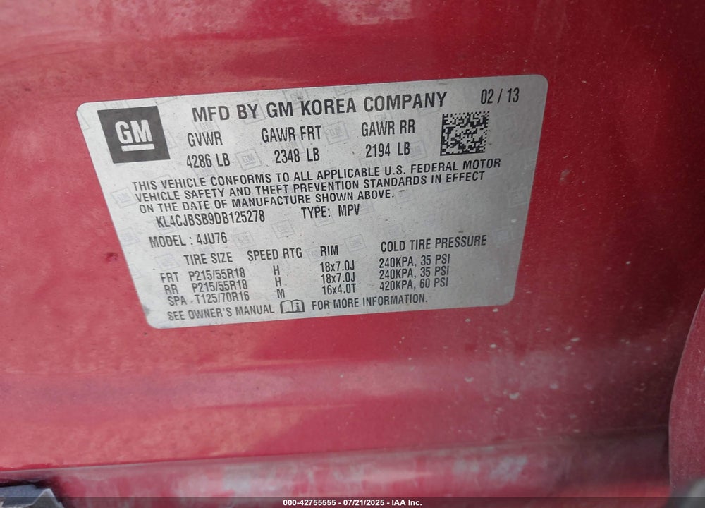 2013 BUICK ENCORE CONVENIENCE VIN: KL4CJBSB9DB125278