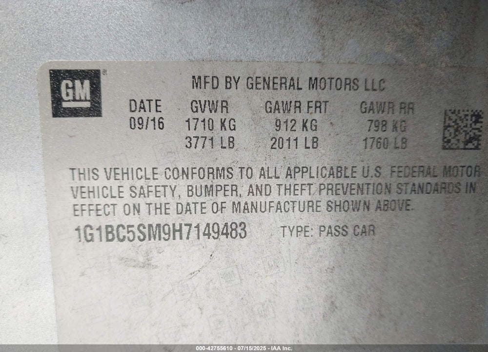 2017 CHEVROLET CRUZE VIN: 1G1BC5SM9H7149483
