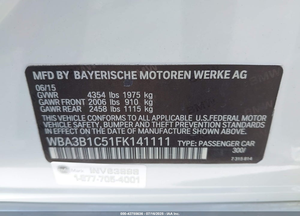 2015 BMW 3 SERIES VIN: WBA3B1C51FK141111