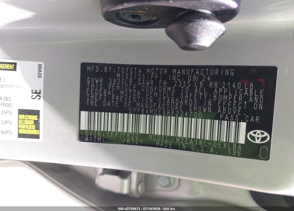2024 TOYOTA COROLLA VIN: 5YFB4MDEXRP224700
