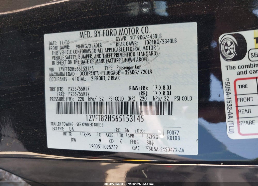 2006 FORD MUSTANG VIN: 1ZVFT82H565153145