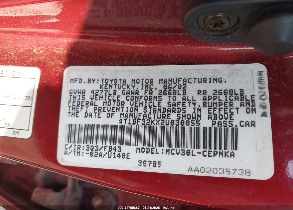 2002 TOYOTA CAMRY VIN: 4T1BF32KX2U030055