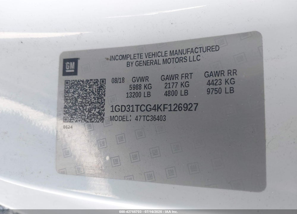 2019 GMC SIERRA 3500HD CHASSIS VIN: 1GD31TCG4KF126927