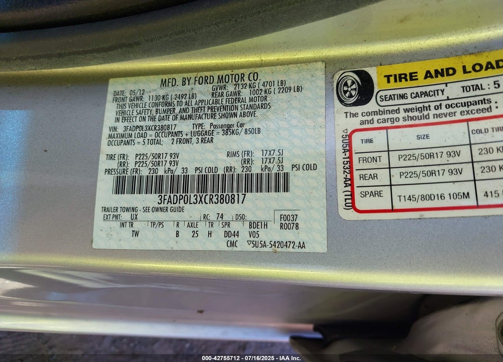 2012 FORD FUSION HYBRID VIN: 3FADP0L3XCR380817