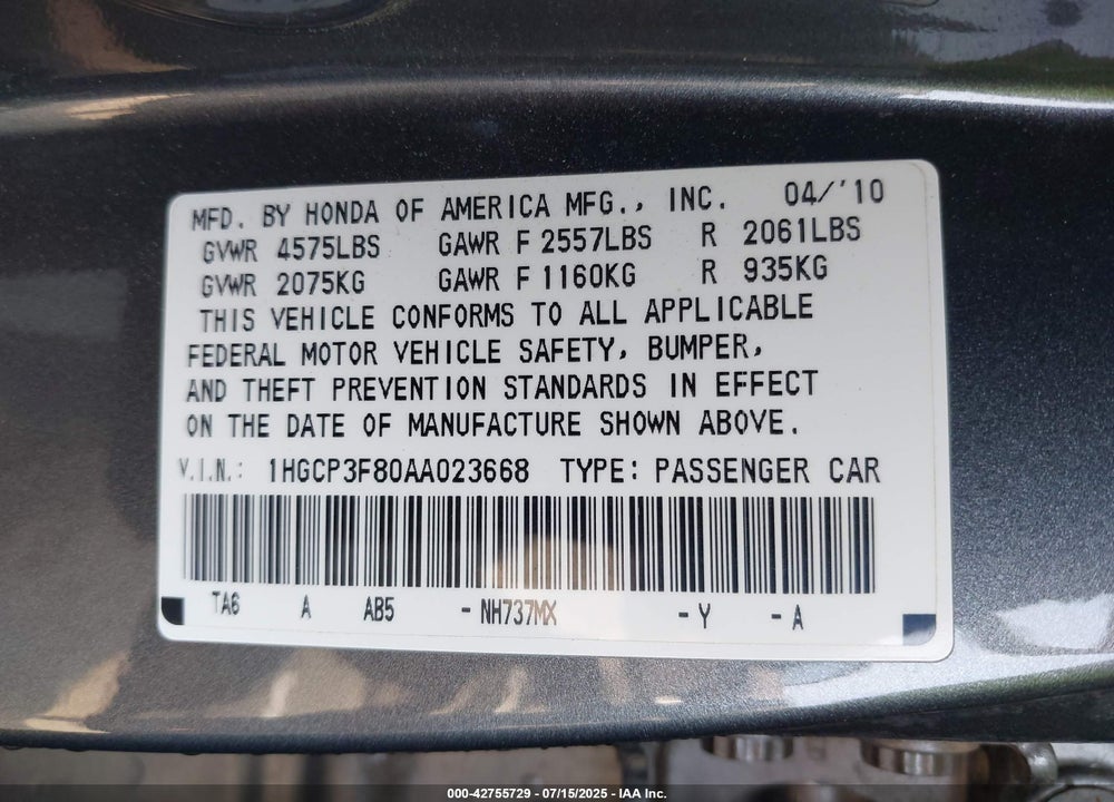 2010 HONDA ACCORD VIN: 1HGCP3F80AA023668