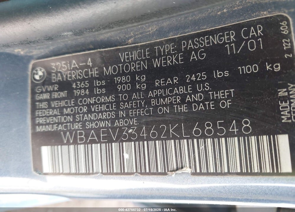2002 BMW 325I VIN: WBAEV33462KL68548