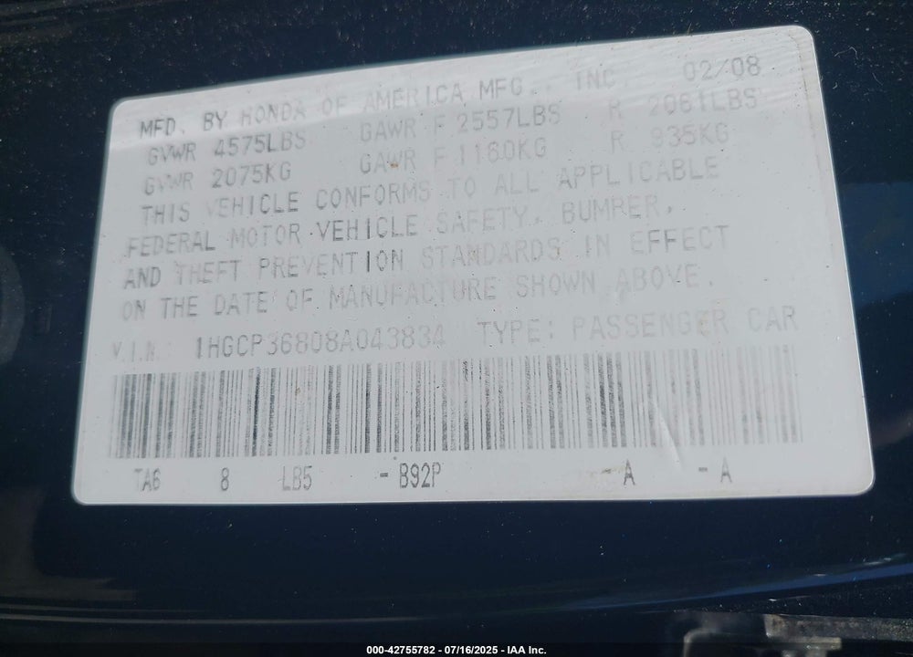 2008 HONDA ACCORD VIN: 1HGCP36808A043834