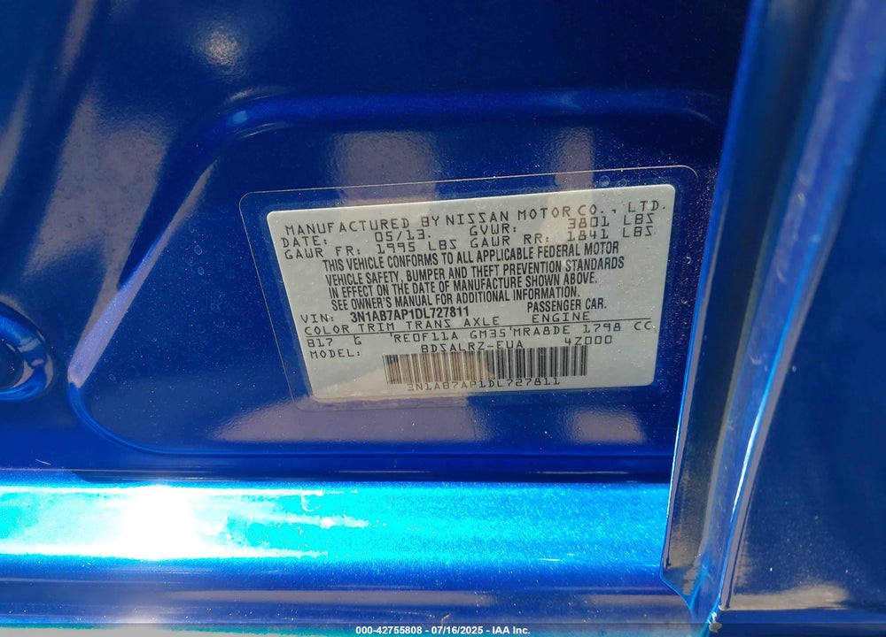 2013 NISSAN SENTRA VIN: 3N1AB7AP1DL727811