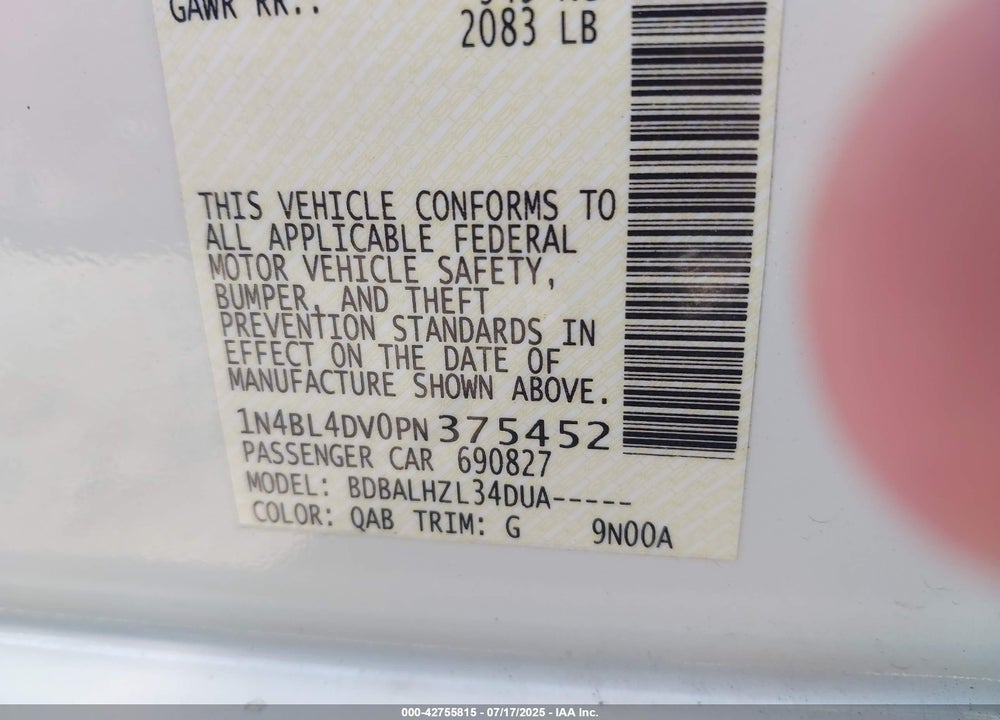 2023 NISSAN ALTIMA VIN: 1N4BL4DV0PN375452
