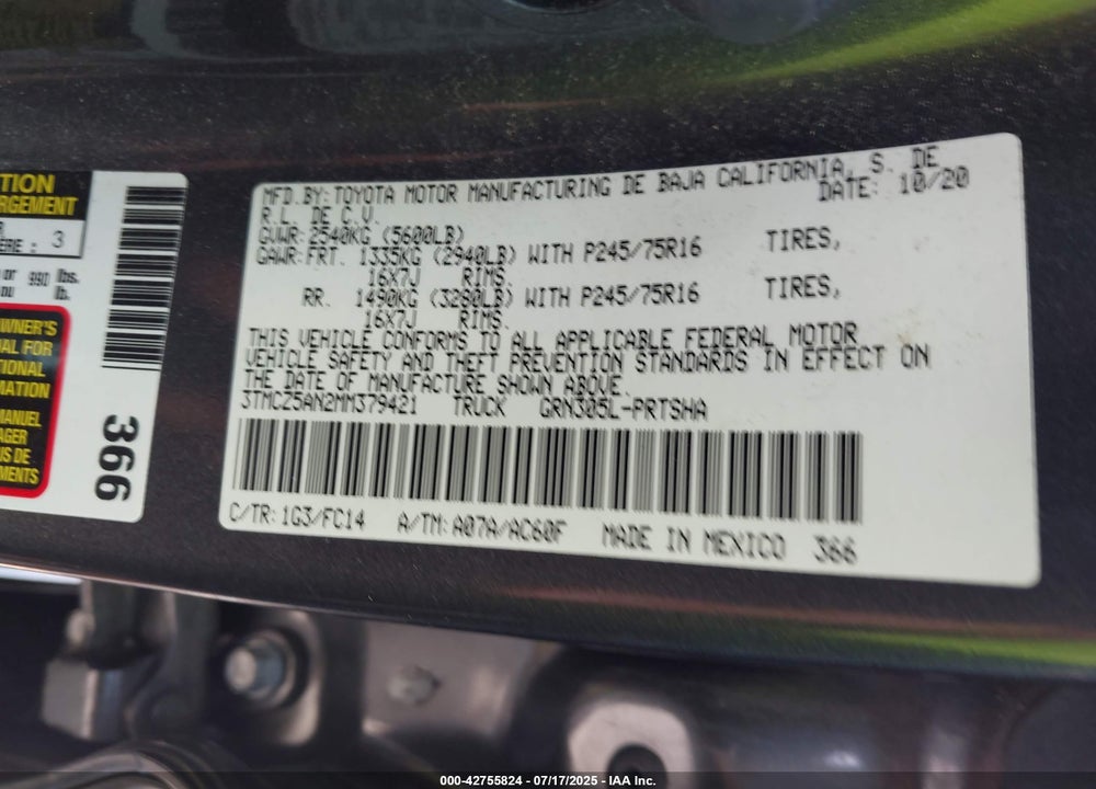 2021 TOYOTA TACOMA VIN: 3TMCZ5AN2MM379421
