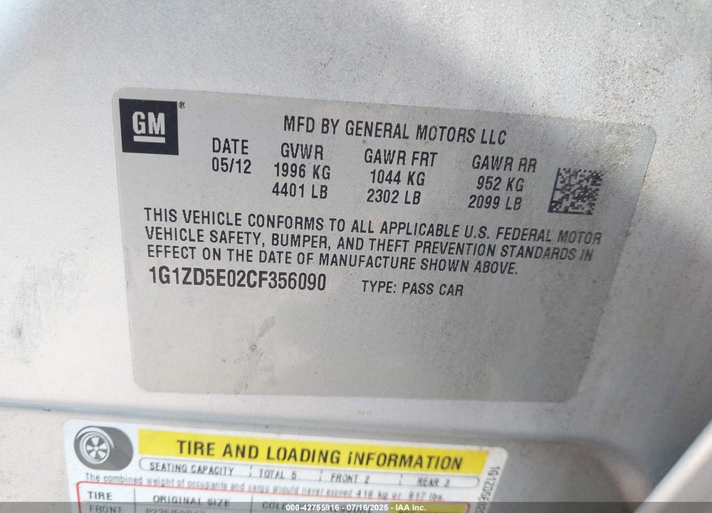 2012 CHEVROLET MALIBU 2LT VIN: 1G1ZD5E02CF356090