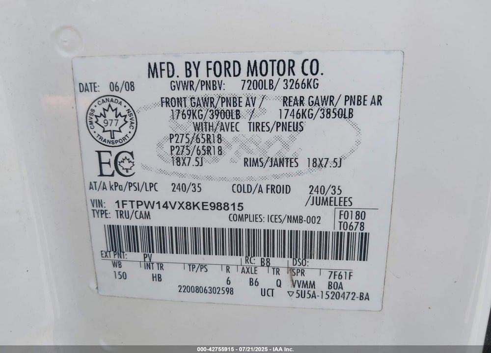 2008 FORD F-150 VIN: 1FTPW14VX8KE98815