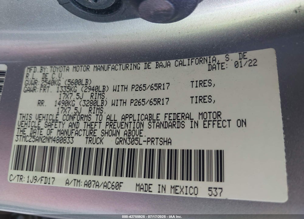 2022 TOYOTA TACOMA TRD SPORT VIN: 3TMCZ5AN2NM480833