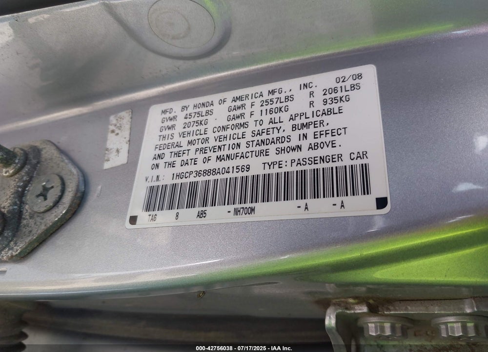 2008 HONDA ACCORD VIN: 1HGCP36888A041569