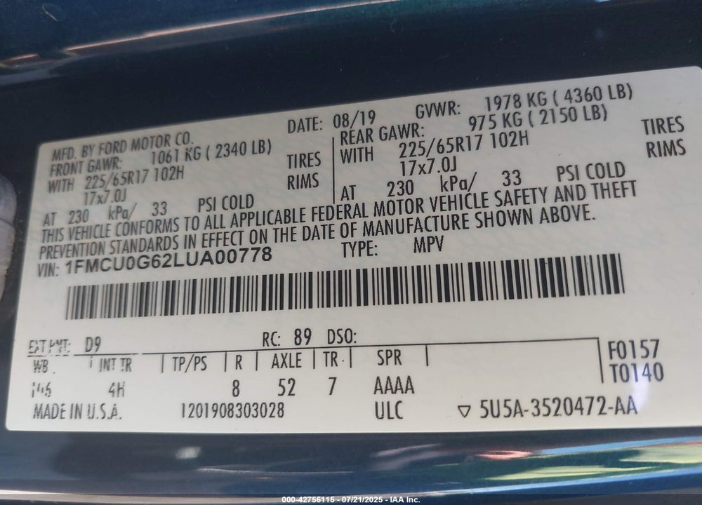 2020 FORD ESCAPE VIN: 1FMCU0G62LUA00778