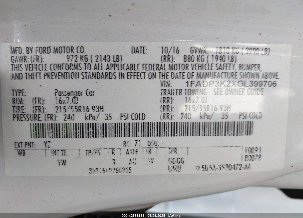 2016 FORD FOCUS VIN: 1FADP3K2XGL399706