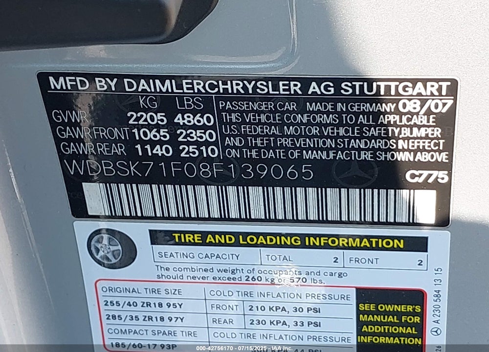 2008 MERCEDES-BENZ SL 550 VIN: WDBSK71F08F139065