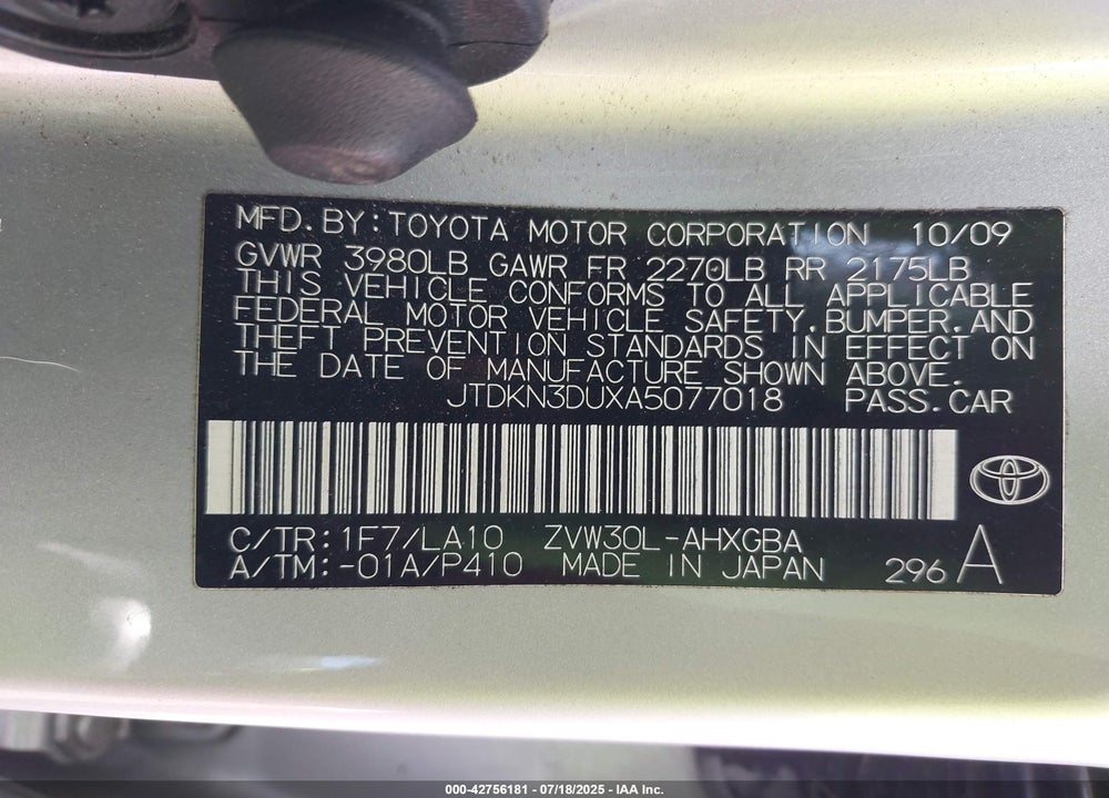 2010 TOYOTA PRIUS VIN: JTDKN3DUXA5077018