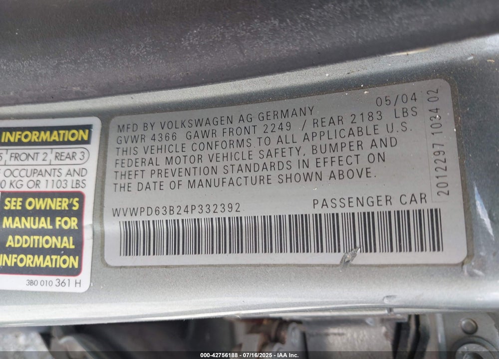2004 VOLKSWAGEN PASSAT GLS VIN: WVWPD63B24P332392