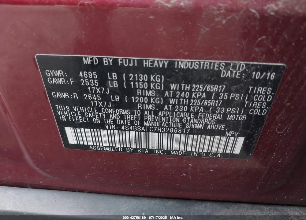 2017 SUBARU OUTBACK VIN: 4S4BSAFC7H3286817