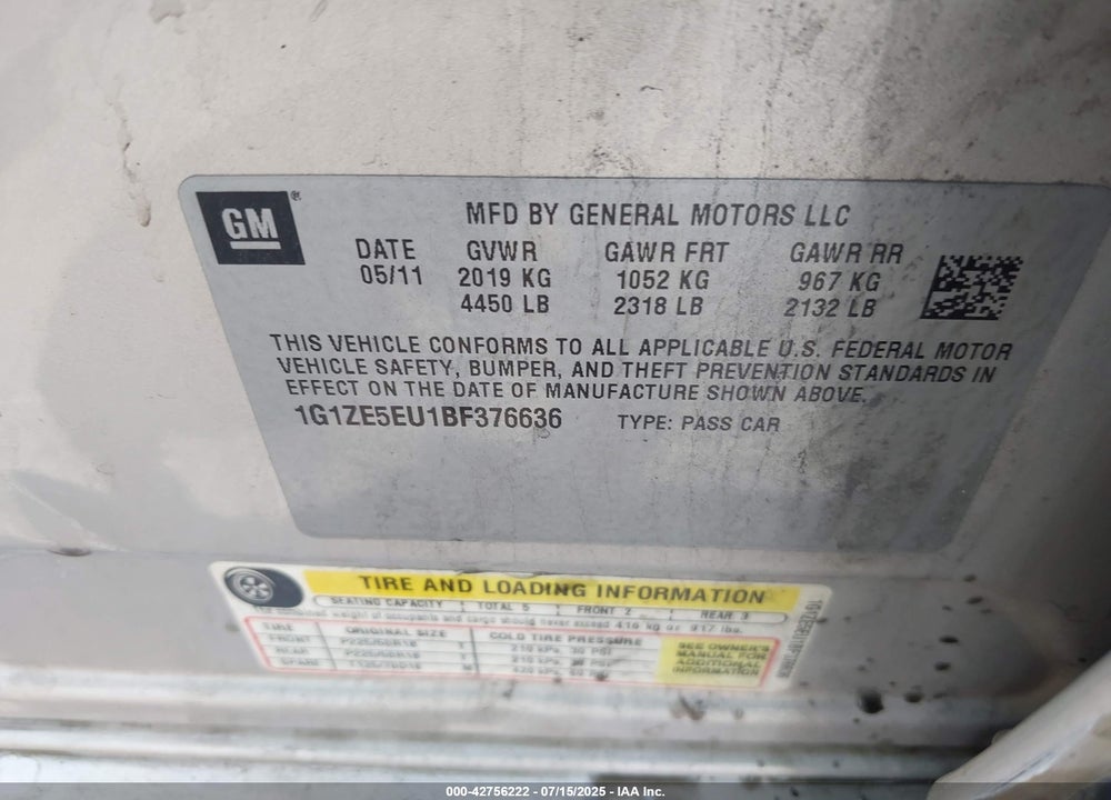 2011 CHEVROLET MALIBU VIN: 1G1ZE5EU1BF376636
