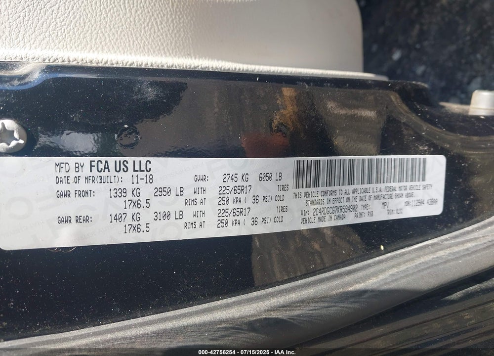2019 DODGE GRAND CARAVAN SXT VIN: 2C4RDGCG7KR594902