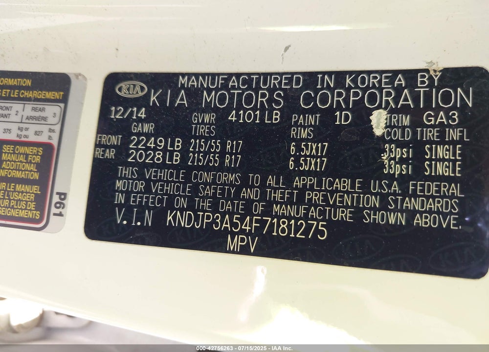 2015 KIA SOUL VIN: KNDJP3A54F7181275