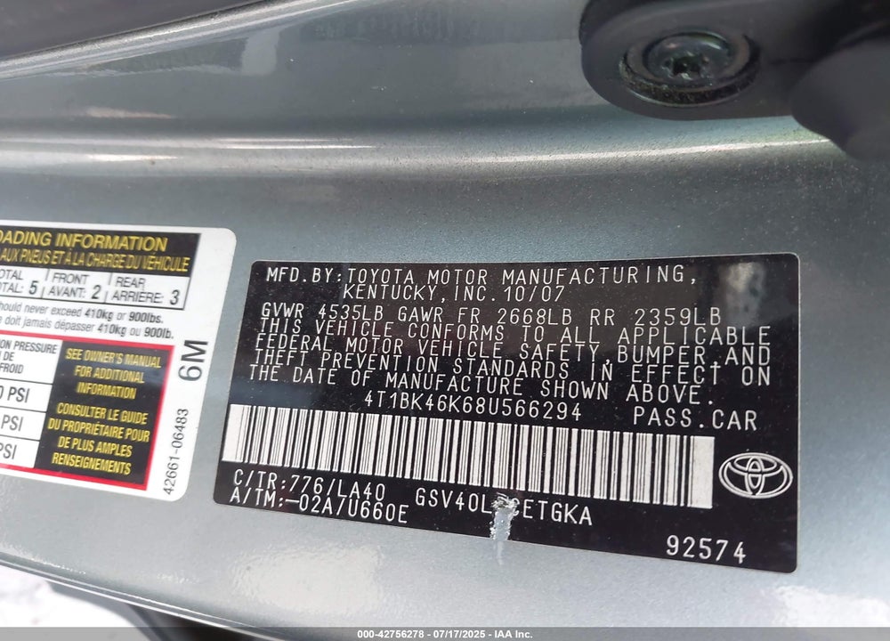 2008 TOYOTA CAMRY XLE V6 VIN: 4T1BK46K68U566294