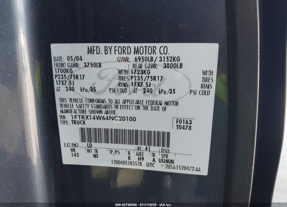 2004 FORD F-150 STX/XL/XLT VIN: 1FTRX14W64NC20100