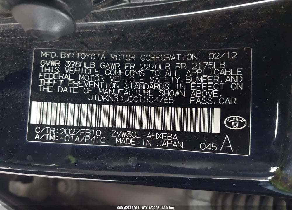 2012 TOYOTA PRIUS VIN: JTDKN3DU0C1504765