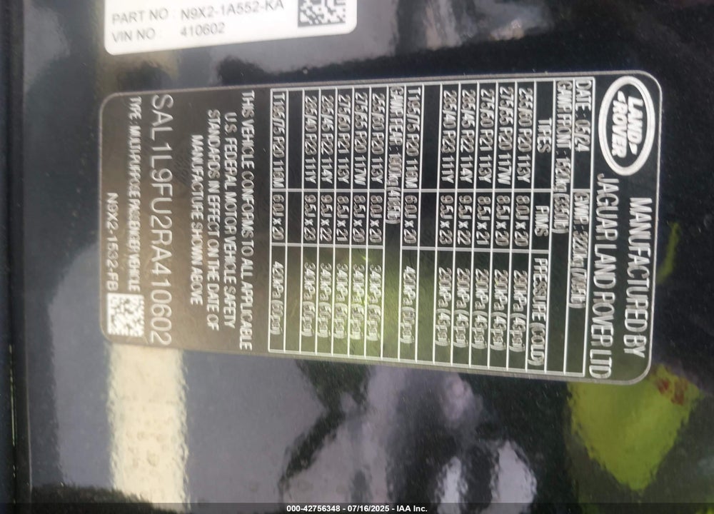 2024 LAND ROVER RANGE ROVER SPORT VIN: SAL1L9FU2RA410602