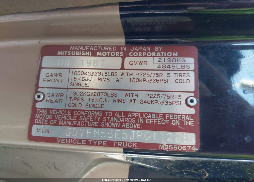 1988 DODGE RAM 50 SPORT VIN: JB7FM55E5JP011228