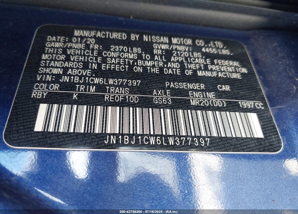 2020 NISSAN ROGUE SPORT VIN: JN1BJ1CW6LW377397