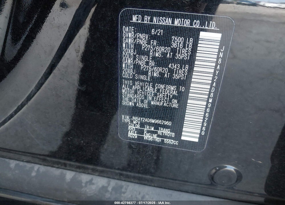 2021 NISSAN ARMADA VIN: JN8AY2AD8M9662960