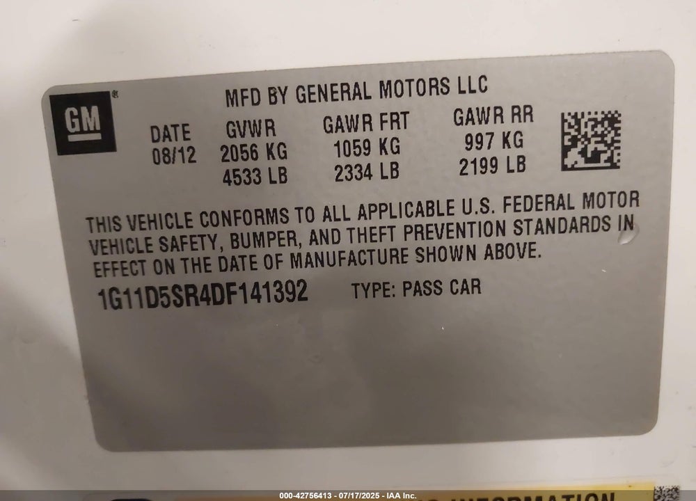 2013 CHEVROLET MALIBU VIN: 1G11D5SR4DF141392